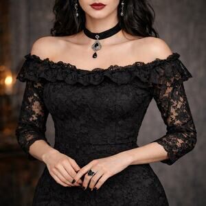 Auxo Collection Black Lace Off Shoulder Dress Sz L Gothic Romantic Holiday Sexy
